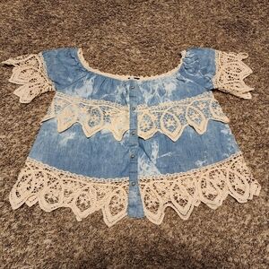 Blue Denim Top with Lace Trim